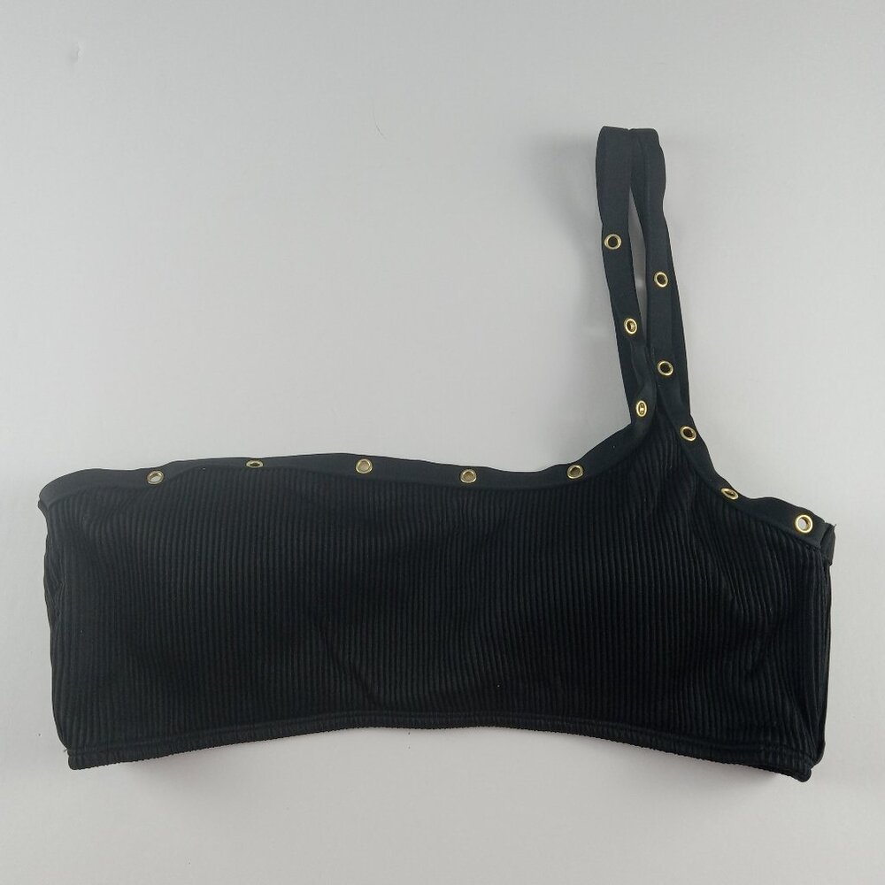 Bar III Grommet Ribbed One Shoulder Bikini Top Women's Size Large Black Swim